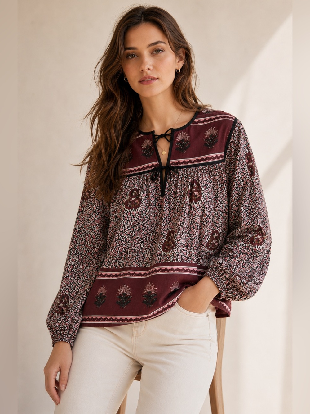 Fox in Gown 100% Cotton Boho Floral Double Tie Blouse M/L Burgundy Pink